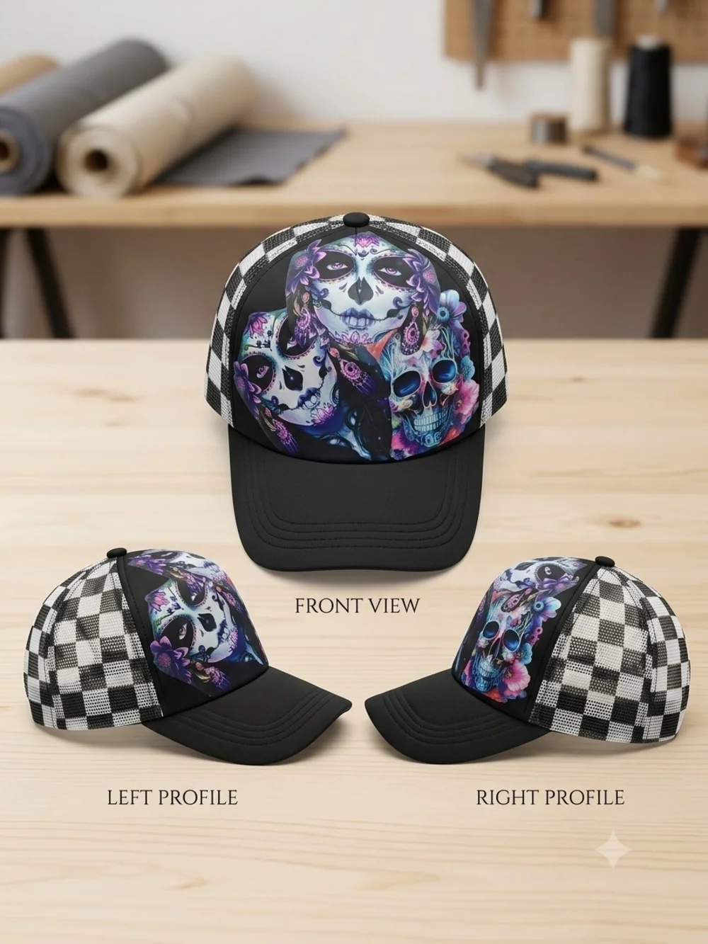 Sugar Skull Trucker Hat in Black with Purple & Blue Floral Accents